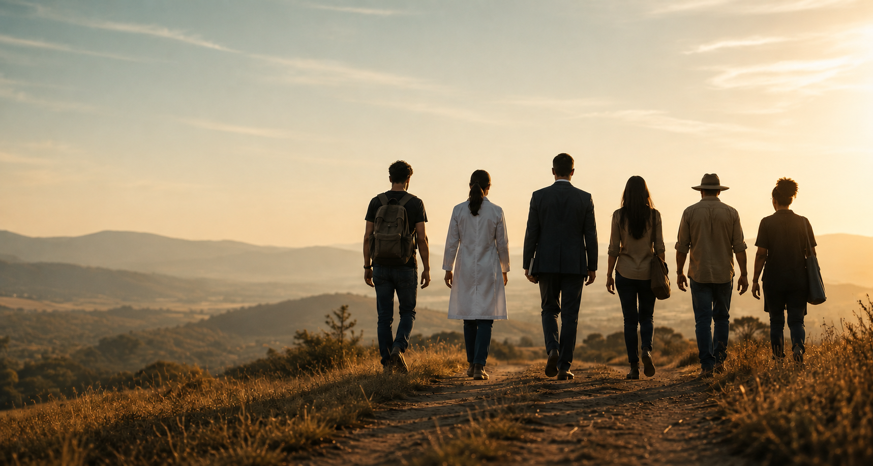 Grupo de pessoas de chamados diferentes caminhando lado a lado em direção ao nascer do sol